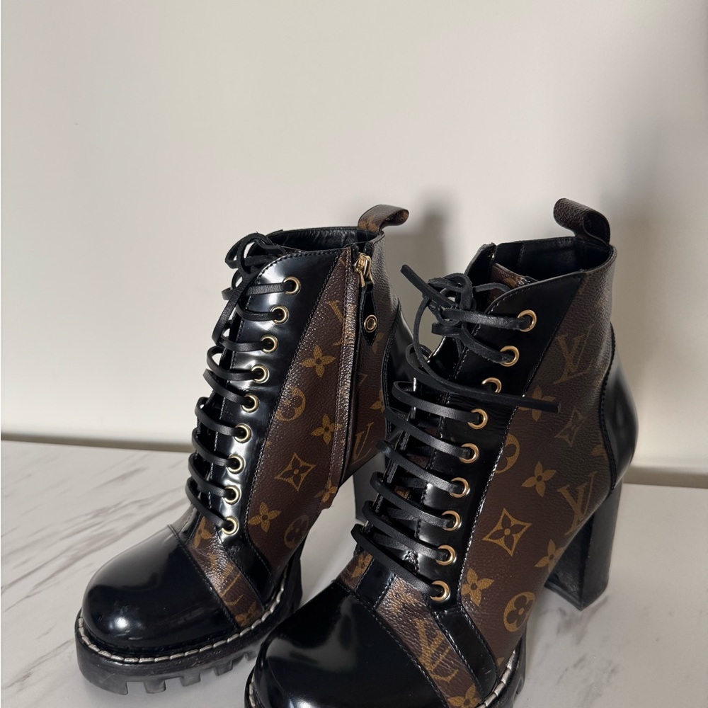 Louis Vuitton Black and Brown Monogram Lace-Up Platform Ankle Boots - Picture 8 of 8